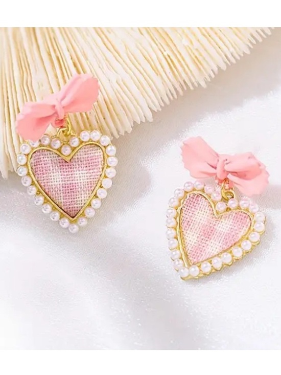 Jewelry - Pearl Pink Plaid Bow Heart Stud Earrings